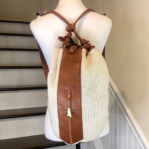 SHARIF AMERICANA Knit Leather Accent Drawstring Bucket Backpack Sling Bag - Picture 1 of 17